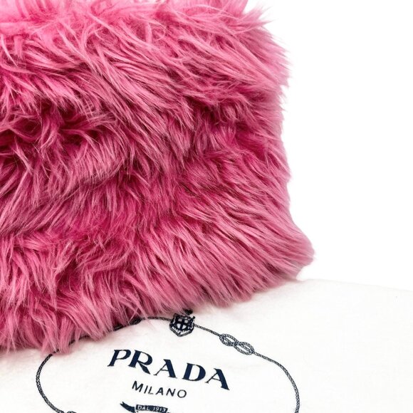 PRADA Vintage Logo Faux Fur Clutch Bag Zip Acrylic Polyester Pink  [105251] - Picture 8 of 13